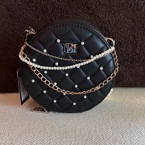 Badgley Mischka Black Quilted Round Crossbody with Pearls & Chains